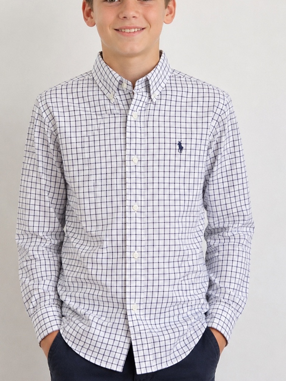 Ralph Lauren Boys Size 14 Button Down Shirt Purple White Plaid Preppy